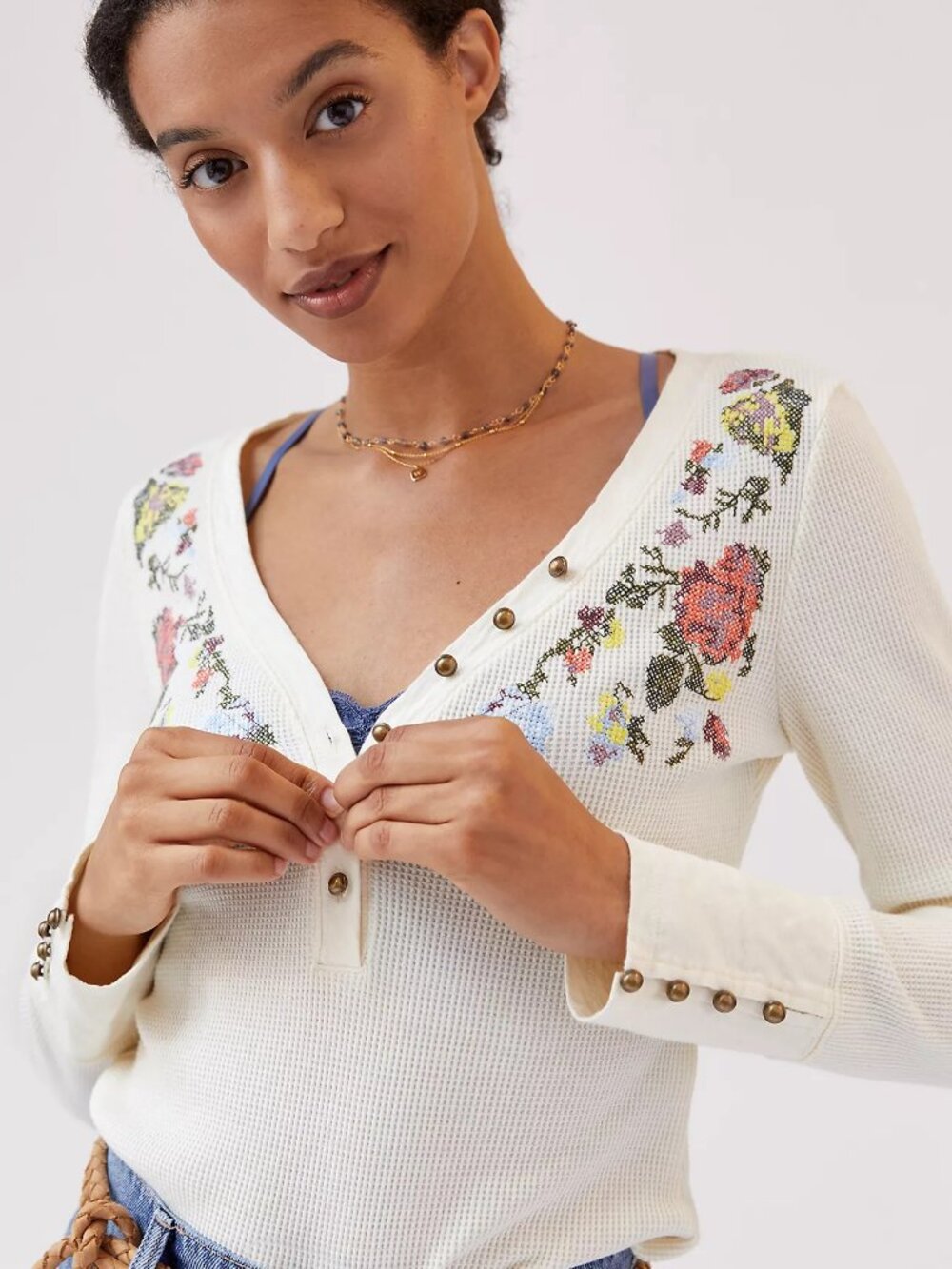 Anthropologie Pilcro Waffle Henley Floral Cross Stitch Long Sleeve Cream XL